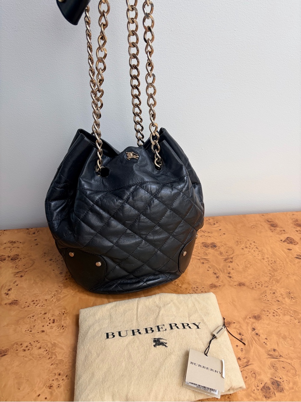 Vintage Burberry Black Quilted Leather Chain-Handle Bucket Bag